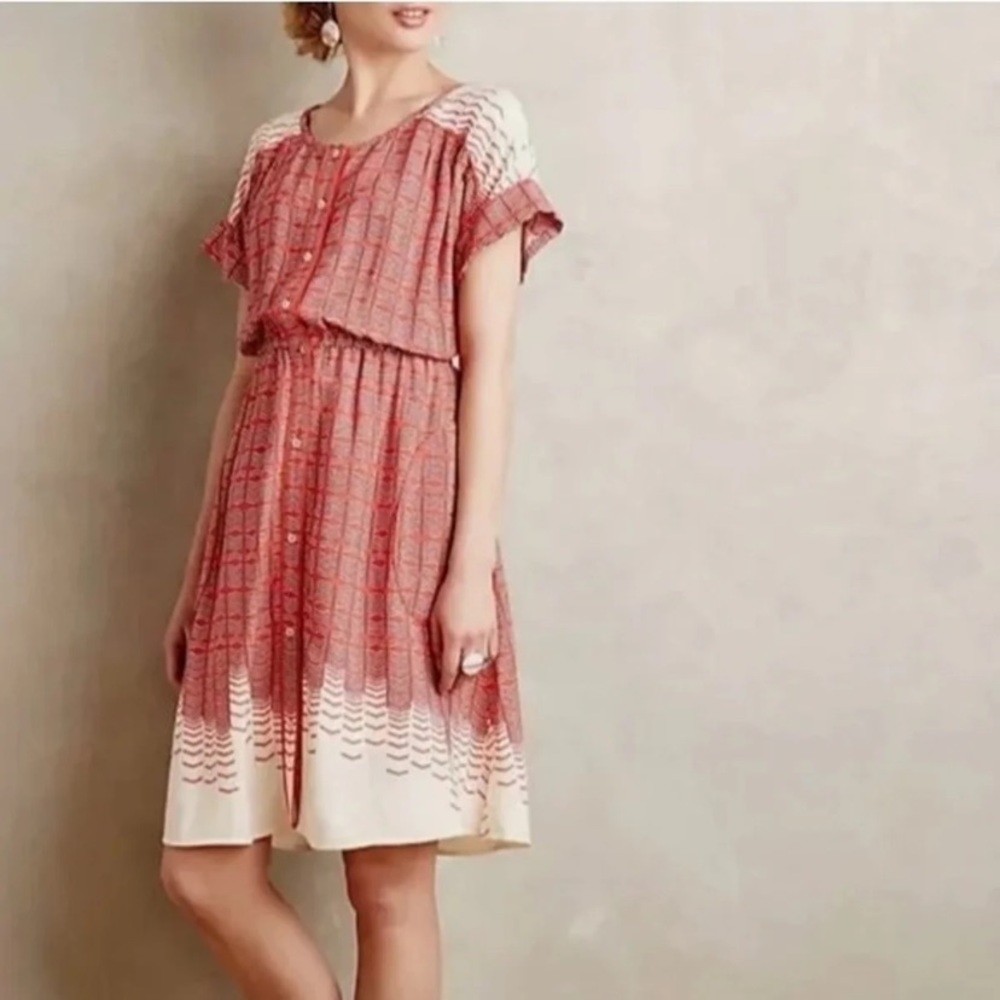Anthropologie Maeve Veronia Shirt Dress Women’s Size Large Red Cream Buttons